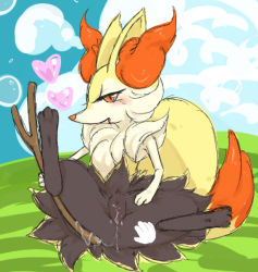 Rule 34 | 1girl, animal ears, animal hands, anus, braixen, bubble, cloud, creatures (company), feet, fox ears, fox tail, furry, furry female, game freak, gameplay mechanics, gen 6 pokemon, grass, half-closed eyes, heart, leg lift, looking at viewer, negoya, nintendo, no humans, open mouth, outdoors, pokemon, pokemon (creature), pokemon xy, pussy, pussy juice, pussy juice trail, red eyes, sitting, sky, solo, spread legs, stick, tail, tongue, uncensored