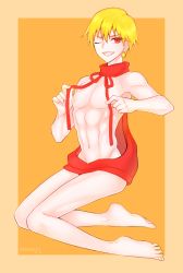 Rule 34 | 1boy, abs, backless dress, backless outfit, barefoot, blonde hair, cds06, dated, dress, earrings, fate/stay night, fate (series), full body, gilgamesh (fate), highres, jewelry, male focus, meme attire, muscular, naked sweater, navel, nipples, one eye closed, red eyes, solo, sweater, sweater dress, turtleneck, turtleneck sweater, virgin killer sweater
