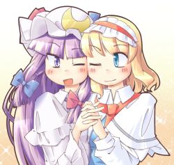 Rule 34 | 2girls, :d, alice margatroid, arnest, blonde hair, blue eyes, capelet, cheek-to-cheek, crescent, female focus, hairband, holding hands, hat, heads together, interlocked fingers, long hair, multiple girls, one eye closed, open mouth, patchouli knowledge, purple eyes, purple hair, smile, touhou, upper body, wink