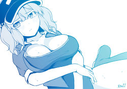 Rule 34 | 1girl, blue theme, blush, boots, breasts, closed mouth, collared shirt, commentary request, dutch angle, flat cap, foot out of frame, hair bobbles, hair ornament, hat, highres, kagiyama shachou, kawashiro nitori, large breasts, looking at viewer, medium hair, monochrome, one-piece swimsuit, open clothes, open shirt, shirt, sidelocks, simple background, sitting, solo, swimsuit, swimsuit under clothes, touhou, two side up, wariza