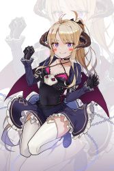 Rule 34 | + +, 1girl, ahoge, aliceblue, bad id, bad pixiv id, bat hair ornament, bell, neck bell, blonde hair, breasts, choker, demon girl, dress, fangs, gloves, hair ornament, highres, horns, long hair, looking at viewer, low wings, ponytail, purple eyes, small breasts, smile, solo, demon girl, thighhighs, wings, zoom layer