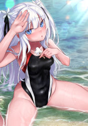 Rule 34 | 1girl, black one-piece swimsuit, blue eyes, breasts, collarbone, competition swimsuit, food, highres, lens flare, long hair, looking at viewer, medium breasts, one-piece swimsuit, original, popsicle, ruuku (azukieru), silver hair, sitting, solo, swimsuit, two side up, wariza, water