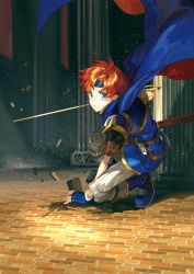 Rule 34 | armor, blue eyes, cape, fingerless gloves, fire emblem, fire emblem: the binding blade, gloves, headband, holding, holding sword, holding weapon, looking at viewer, male focus, nintendo, noki (affabile), red hair, roy (fire emblem), solo, sword, weapon