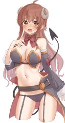 Rule 34 | 1girl, absurdres, ahoge, bare shoulders, blush, bow, bowtie, breasts, brown eyes, curled horns, demon girl, demon horns, demon tail, detached sleeves, fang, female focus, garter straps, highres, horns, kopaka (karda nui), large breasts, long hair, looking at viewer, machikado mazoku, navel, open mouth, red bow, red bowtie, red hair, simple background, skin fang, solo, tail, tears, thighs, white background, yoshida yuuko (machikado mazoku)