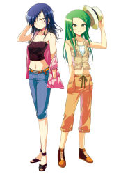 Rule 34 | 2girls, bare shoulders, blue hair, green hair, hand in pocket, hat, hatano ririko (kyou ami!), jacket, kirino sami, kirino saraki, kyou ami!, multiple girls, navel, official art, pants, porurin (do-desho), shoes, simple background, smile, standing, strapless, tube top, white background, yellow eyes