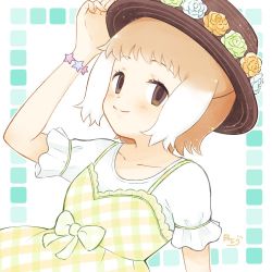 Rule 34 | 1girl, blush, brown eyes, collarbone, commentary request, dress, gekka 0226, hand on headwear, hat, hat feather, japanese otter (kemono friends), kemono friends, kemono friends 3, light brown hair, looking at viewer, multicolored hair, official alternate costume, otter girl, plaid, plaid dress, shirt, short hair, short sleeves, smile, solo, two-tone hair, white hair, white shirt, yellow dress