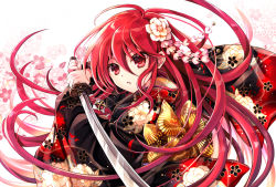 Rule 34 | 1girl, ahoge, black kimono, commentary request, floral background, floral print, flower, hair between eyes, hair flower, hair ornament, hands up, highres, holding, holding sword, holding weapon, japanese clothes, katana, kimono, long hair, long sleeves, looking at viewer, parted lips, print kimono, red eyes, red hair, shakugan no shana, shana, simple background, solo, sword, tachitsu teto, two-handed, very long hair, weapon, white background, white flower, wide sleeves