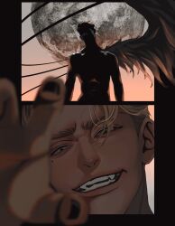 1boy black_nails blonde_hair blue_eyes commentary dusk english_commentary fangs feathered_wings full_moon highres looking_ahead male_focus millions_knives mole mole_under_eye moon nail_polish nude parted_lips prommiea reaching reaching_towards_viewer short_hair single_wing solo teeth trigun trigun_stampede white_wings wings