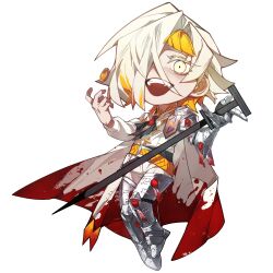 Rule 34 | 1girl, armor, ascot, black ascot, blonde hair, blood, blood on clothes, cape, chibi, chibi only, gauntlets, greaves, hashtag-only commentary, highres, holding, holding nail, holding weapon, kromer (project moon), limbus company, long sleeves, looking at viewer, multicolored hair, nail, open mouth, oversized object, pants, project moon, shirt, short hair, shouzuo, simple background, single gauntlet, solo, teeth, two-tone hair, upper teeth only, wax seal, weapon, white background, white cape, white hair, white pants, white shirt, yellow eyes