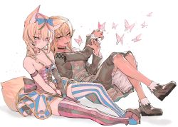 Rule 34 | 2girls, ahoge, animal ears, arm strap, armpit crease, asymmetrical legwear, between legs, blonde hair, blue skirt, blue thighhighs, blush, bow, bow skirt, bowtie, braid, breasts, bug, butterfly, buttons, choker, cleavage, closed mouth, clothing cutout, collarbone, dark-skinned female, dark skin, detached collar, dress, elbow gloves, elf, eyelashes, feet together, fennec fox, fox ears, fox girl, fox tail, frilled dress, frills, gloves, grey dress, grey footwear, hair between eyes, hair over shoulder, hand between legs, hands up, highres, hololive, insect, kakult2017, knee up, knees apart feet together, knees together feet apart, layered skirt, leaning back, leg lift, legs, long hair, long sleeves, looking at another, looking to the side, medium breasts, miniskirt, mismatched legwear, multicolored hair, multiple girls, navel, navel cutout, omaru polka, omaru polka (1st costume), open mouth, orange eyes, pink eyes, pink hair, pink legwear, playing card theme, pointy ears, pointy footwear, red footwear, red gloves, shadow, shiny skin, shiranui flare, shiranui flare (street), shoes, side braid, simple background, single elbow glove, sitting, skindentation, skirt, smile, streaked hair, striped clothes, striped skirt, striped thighhighs, tail, teeth, thighhighs, thighs, uneven legwear, vertical-striped clothes, vertical-striped skirt, vertical-striped thighhighs, virtual youtuber, white background
