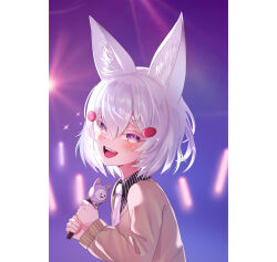 Rule 34 | 1girl, absurdres, animal ear fluff, animal ears, ar-khey, black shirt, blush, brown sweater, commentary, english commentary, fox ears, from side, glowstick, hair between eyes, hair ornament, highres, holding, holding microphone, long sleeves, looking at viewer, microphone, necktie, open mouth, phase connect, pinstripe pattern, pinstripe shirt, shirt, short hair, solo, striped clothes, striped shirt, sweat, sweater, tenma maemi, tenma maemi (1st costume), thick eyebrows, upper body, vertical-striped clothes, vertical-striped shirt, virtual youtuber, white hair, white necktie