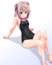 Rule 34 | 1girl, absurdres, alternate costume, arm support, barefoot, black one-piece swimsuit, breasts, commentary request, competition school swimsuit, feet out of frame, hair bun, highres, kantai collection, light brown hair, michishio (kancolle), one-piece swimsuit, school swimsuit, shadow, short twintails, simple background, sitting, small breasts, solo, swimsuit, tennouji masamichi, twintails, white background, yellow eyes