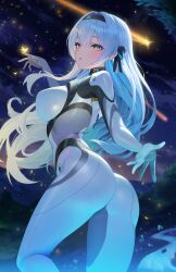 Rule 34 | 1girl, absurdres, ass, black hairband, blue pupils, blush, bodysuit, breasts, fireflies, firefly (ar-26710) (honkai: star rail), firefly (honkai: star rail), grey bodysuit, grey hair, hair between eyes, hairband, highres, honkai: star rail, honkai (series), large breasts, long hair, looking at viewer, looking back, lumen re, night, night sky, official alternate costume, pilot suit, purple eyes, reaching, reaching towards viewer, shooting star, sky, solo, star (sky), two-tone eyes, very long hair