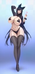 Rule 34 | 1girl, absurdres, animal ear fluff, animal ears, arm up, atago (azur lane), azur lane, bikini, black bikini, black hair, black thighhighs, blurry, blurry background, breasts, dog ears, full body, gluteal fold, heart, highres, huge breasts, long hair, looking at viewer, mole, mole under eye, navel, one eye closed, open mouth, race queen, rekaerb maerd, shrug (clothing), solo, swept bangs, swimsuit, thighhighs, wrist cuffs, yellow eyes