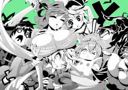 Rule 34 | 5girls, :o, anger vein, breast hold, breast rest, breasts, breasts on head, censored, chibi, dress, earmuffs, ghost tail, green background, green theme, hair ornament, hair rings, hair stick, hand on another&#039;s head, hat, hokuto (scichil), huge breasts, japanese clothes, kaku seiga, leaf, long hair, looking at viewer, miyako yoshika, monochrome, mononobe no futo, multiple girls, nude, open mouth, outstretched arms, shawl, short hair, soga no tojiko, tate eboshi, touhou, toyosatomimi no miko, undressing, wide sleeves, zombie pose