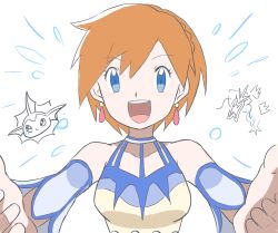 Rule 34 | 1girl, 404sllas, bare shoulders, blue eyes, blush, breasts, creatures (company), detached sleeves, earrings, eyelashes, game freak, gen 1 pokemon, gyarados, highres, jewelry, looking at viewer, misty (pokemon), misty (sygna suit) (pokemon), navel, nintendo, official alternate costume, open mouth, orange hair, pokemon, pokemon (creature), pokemon masters ex, shirt, short hair, smile, solo, upper body, vaporeon