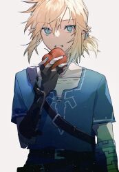 Rule 34 | 1boy, apple, belt, bishounen, blonde hair, blue eyes, colored eyelashes, facing viewer, fingerless gloves, food, fruit, gloves, hair between eyes, highres, holding, holding food, holding fruit, imminent bite, light particles, link, looking at viewer, low ponytail, male focus, misato karuha, nintendo, pointy ears, red apple, solo, the legend of zelda, the legend of zelda: breath of the wild, upper body, white background