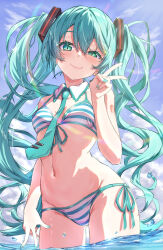 1girl aqua_bikini aqua_eyes aqua_hair aqua_nails aqua_necktie bikini blue_sky blush body_writing breasts closed_mouth commentary_request contrapposto detached_collar double-parted_bangs front-tie_bikini_top front-tie_top groin hair_between_eyes hatsune_miku headgear highres long_hair looking_at_viewer lowleg lowleg_bikini midriff nail_polish narrow_waist navel necktie number_tattoo ocean qussie shoulder_tattoo side-tie_bikini_bottom sky small_breasts smile solo swimsuit tattoo twintails two-tone_bikini v very_long_hair vocaloid wading white_bikini wide_hips wing_collar