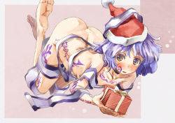 Rule 34 | 1girl, ass, barefoot, blush, eyebrows, flat chest, gift, hat, looking at viewer, nude, open mouth, personification, santa hat, scroll, short hair, silver hair, solo, sorcerer&#039;s sutra scroll, tattoo, touhou, yellow eyes, yohane
