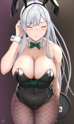 Rule 34 | 1girl, absurdres, adjusting hair, ak-12 (girls&#039; frontline), alternate costume, animal ears, arm behind back, bare shoulders, black leotard, blunt bangs, bow, bowtie, breasts, brown pantyhose, cleavage, closed eyes, closed mouth, collarbone, covered navel, detached collar, fake animal ears, fishnet pantyhose, fishnets, girls&#039; frontline, gradient background, green bow, green bowtie, hand up, highres, holding, holding tray, large breasts, leotard, long hair, pantyhose, playboy bunny, ponytail, rabbit ears, sidelocks, signature, solo, tacticsalt, tray, very long hair, white hair, wrist cuffs