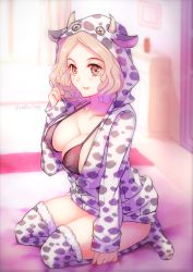 Rule 34 | alternate costume, animal print, bikini, bikini top only, bra, breasts, cleavage, cow girl, cow print, hand up, hood, hood up, hoodie, kneeling, large breasts, looking at viewer, okumura haru, open clothes, open hoodie, open mouth, persona, persona 5, sideboob, solo, swimsuit, thighhighs, thighs, underwear, yaoto