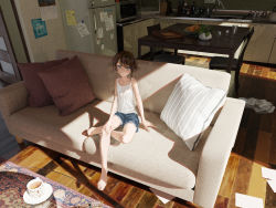 Rule 34 | arm support, asymmetrical bangs, bare legs, barefoot, brown hair, camisole, carpet, commentary, couch, cup, cutoffs, denim, denim shorts, glass table, hand on own knee, highres, indoors, kitchen, living room, looking at viewer, mug, on couch, original, short hair, shorts, sitting, solo, stove, table, wooden floor, yuu akine