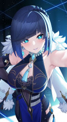 Rule 34 | 1girl, armpits, artist name, black gloves, blue eyes, blue hair, blush, braid, breasts, cleavage, collarbone, diagonal bangs, dice, earrings, eyes visible through hair, feather-trimmed jacket, fukuro daizi, genshin impact, gloves, hand on own hip, highres, jewelry, large breasts, looking at viewer, mole, mole on breast, neck tassel, parted lips, selfie, short hair, signature, smile, solo, twitter username, yelan (genshin impact)