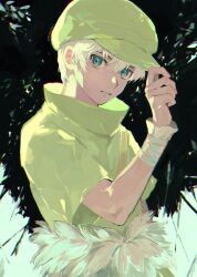 Rule 34 | 1boy, black background, blue eyes, dr. stone, hand up, hat, highres, looking at viewer, male focus, parted lips, saionji ukyou, shirt, short hair, short sleeves, solo, white hair, wrist cuffs, yellow hat, yellow shirt, yu (zatta13chan)