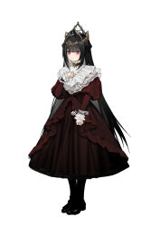 Rule 34 | 1girl, absurdres, black footwear, black hair, black pantyhose, braid, clenched hands, crown, dress, expressionless, french braid, frilled dress, frills, full body, hair intakes, hand on own chest, high collar, highres, juliet sleeves, long dress, long hair, long sleeves, original, p99 (1shtar), pantyhose, puffy sleeves, red dress, red eyes, solo, standing, tachi-e, very long hair, weibo logo, weibo watermark, white background