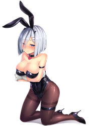 Rule 34 | 10s, 1girl, animal ears, arm strap, bare shoulders, black footwear, black leotard, blue eyes, blush, breast hold, breasts, cleavage, closed mouth, collar, collarbone, covered navel, detached collar, eyebrows, eyelashes, eyes visible through hair, fake animal ears, full body, gloves, hair ornament, hair over one eye, hairband, hairclip, half-closed eyes, hamakaze (kancolle), heart-shaped lock, high heels, highres, kantai collection, kneeling, large breasts, leotard, looking at viewer, pantyhose, playboy bunny, rabbit ears, satou kuuki, self hug, shiny skin, shoes, short hair, silver hair, simple background, skin tight, solo, strapless, strapless leotard, thigh strap, thighband pantyhose, white background, white gloves