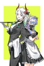 Rule 34 | 2girls, ahoge, alternate costume, apron, arm at side, back-to-back, blue hair, bow, bowtie, butler, closed mouth, covered mouth, crossed arms, curled horns, dress, earrings, enmaided, female butler, female focus, formal, gloves, gradient hair, green hair, hand up, high ponytail, holding, holding tray, horns, jacket, jewelry, long hair, long sleeves, looking at another, looking at viewer, maid, maid apron, maid headdress, mask, medium dress, mouth mask, multicolored hair, multiple girls, one piece, orange eyes, pant suit, pants, parted bangs, puffy short sleeves, puffy sleeves, raine (acke2445), red hair, red horns, shirt, short sleeves, sidelocks, smile, streaked hair, suit, tray, two-tone hair, ulti (one piece), v-shaped eyebrows, waist apron, white gloves, white hair, yamato (one piece)