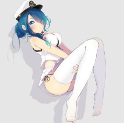 Rule 34 | 10s, 1girl, alternate costume, bare shoulders, blue eyes, blue hair, breasts, eyes visible through hair, female admiral (kancolle), grey background, hair over one eye, hat, highres, kantai collection, large breasts, long hair, lying, matching hair/eyes, midriff, miniskirt, on side, panties, shadow, side-tie panties, skirt, solo, tebi (tbd11), thighhighs, underwear, white skirt, white thighhighs