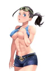Rule 34 | 10s, 1girl, abs, ahoge, areola slip, arm at side, bad id, bad pixiv id, belt, black hair, blue eyes, blush, breast suppress, breasts, cleavage, clothes lift, covered erect nipples, cowboy shot, crop top, denim, denim shorts, eyewear on head, female focus, hair slicked back, karako (osomatsu-san), large breasts, lifted by self, long hair, looking at viewer, midriff, navel, osomatsu-san, parted lips, pink lips, ponytail, seriharaz, shirt lift, shorts, simple background, solo, stomach, sunglasses, tank top, toned, underboob, white background