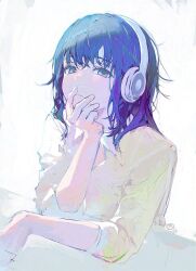 Rule 34 | 1girl, black hair, character request, closed mouth, collared shirt, copyright request, grey eyes, hair between eyes, hand on own chin, headphones, long hair, long sleeves, looking at viewer, nagu, shirt, simple background, sleeves rolled up, solo, upper body, white background, white shirt