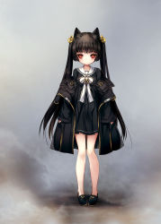 Rule 34 | 1girl, animal ear fluff, animal ears, black coat, black dress, black footwear, black hair, cat ears, cat tail, coat, dress, expressionless, full body, grey background, highres, hitomaru, legs, long hair, off shoulder, original, red eyes, ribbon, shoes, short dress, simple background, solo, tail, twintails
