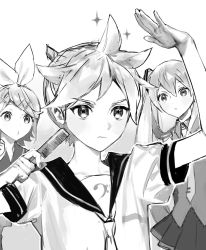Rule 34 | 1boy, 2girls, bass clef, bishounen, black collar, bow, collar, comb, expressionless, greyscale, hair bow, hair ornament, hairclip, hands up, hatsune miku, holding, holding comb, impressed, kagamine len, kagamine rin, long hair, looking at another, monochrome, multiple girls, naoko (naonocoto), necktie, parted lips, pursed lips, sailor collar, school uniform, short hair, short sleeves, sparkle, spiked hair, swept bangs, twintails, upper body, very long hair, vocaloid, white bow