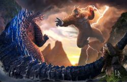 Rule 34 | 2boys, abs, ape, blue eyes, chipyray, claws, cloud, cloudy sky, crossover, day, dinosaur, dripping, dust, electricity, energy, epic, fangs, fighting, forest, fusion, giant, giant monster, glowing spikes, godzilla, godzilla (2014), godzilla (series), godzilla vs. kong, gorilla, highres, jumping, kaijuu, king kong, king kong (series), king kong vs. godzilla, legendary pictures, lightning, looking at another, monster, monsterverse, mountain, multiple boys, muscular, muscular arms, muscular legs, muscular male, nature, no humans, no pupils, open mouth, orange eyes, orange lightning, outdoors, overcast, pectorals, rainforest, river, scar, scar on chest, scar on stomach, sharp teeth, sky, spikes, splashing, storm, storm cloud, tail, teeth, toho, tongue, valley, water