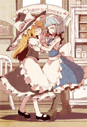Rule 34 | 2girls, blonde hair, blush, boots, bow, braid, chachi (azuzu), cross-laced footwear, dancing, closed eyes, female focus, hair bow, holding hands, hand on shoulder, hat, interlocked fingers, izayoi sakuya, kirisame marisa, lace-up boots, long hair, maid, maid headdress, mary janes, multiple girls, own hands together, pantyhose, shoes, short hair, silver hair, smile, touhou, twin braids, white legwear, witch, witch hat, yellow eyes