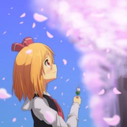 Rule 34 | 1girl, ascot, blonde hair, cato (monocatienus), cherry blossoms, day, embodiment of scarlet devil, female focus, hair ribbon, petals, profile, red eyes, ribbon, rumia, shirt, short hair, sky, smile, solo, touhou, vest