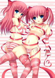 Rule 34 | 2girls, ass, back, bad id, bad pixiv id, bandaid, bandaids on nipples, mouth hold, multiple girls, original, panties, pasties, pink hair, shikano sumiaki, siblings, sisters, striped clothes, striped legwear, striped panties, thighhighs, twins, underwear
