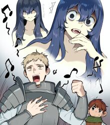 Rule 34 | 2boys, 2girls, armor, blue hair, chilchuck tims, clenched hand, closed mouth, covered eyes, disgust, dungeon meshi, facing viewer, fangs, frown, green scarf, grey hair, hair over eyes, halfling, hands up, head tilt, highres, inset, korean commentary, laios touden, leather armor, long hair, looking at viewer, mermaid, monster girl, multiple boys, multiple girls, music, musical note, nude, open mouth, pauldrons, plate armor, red hair, scarf, shaded face, shirt, short hair, shoulder armor, singing, undercut, vambraces, white background, white shirt, wooni