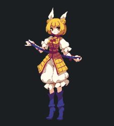 Rule 34 | 1girl, 4qw5, armor, armored dress, black background, blonde hair, blue footwear, boots, breasts, closed mouth, cracked skin, double bun, dress, full body, hair bun, hair ribbon, joutouguu mayumi, looking at viewer, medium breasts, pixel art, ribbon, short hair, short sleeves, simple background, solo, touhou, vambraces, white ribbon, yellow dress, yellow eyes