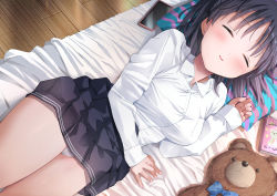 Rule 34 | 1girl, bed, bed sheet, black hair, black skirt, blush, breasts, cellphone, closed eyes, collared shirt, commentary request, feet out of frame, grin, highres, large breasts, long sleeves, lying, medium breasts, natsushima memo, notebook, on bed, on side, original, panties, pantyshot, phone, pillow, school uniform, shirt, short hair, skirt, sleeping, smartphone, smile, solo, stuffed animal, stuffed toy, teddy bear, teeth, underwear, uniform, white panties, white shirt, wooden floor