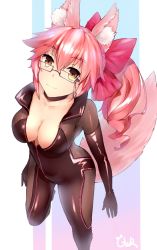 Rule 34 | 1girl, animal ears, bow, breasts, choker, cleavage, collarbone, commentary request, eyewear strap, fate/grand order, fate (series), fox ears, fox tail, glasses, hair bow, koyanskaya (assassin) (first ascension) (fate), koyanskaya (fate), large breasts, long hair, looking at viewer, mochigome (fatelly), no bra, pink hair, skin tight, solo, tail, tamamo (fate), tamamo no mae (fate/extra), very long hair, yellow eyes