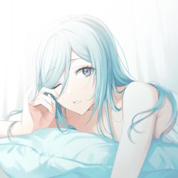 Rule 34 | 1girl, bare arms, blue eyes, blue hair, curtains, dot nose, expressionless, eyelashes, eyes visible through hair, fingernails, hand on own face, hinomori shizuku, indoors, light blue hair, long hair, lying, minori (faddy), mole, mole under mouth, off shoulder, on stomach, one eye closed, parted lips, pillow, project sekai, rubbing eyes, sideways glance, solo, straight hair, swept bangs, tsurime