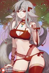 Rule 34 | 1girl, animal ears, bell, black hair, breasts, cleavage, fire emblem, fire emblem fates, grey hair, highres, medium breasts, multicolored hair, nintendo, parted lips, patreon logo, red eyes, red ribbon, ribbon, solo, songjikyo, tail, thighhighs, two-tone hair, velouria (fire emblem), wolf ears, wolf tail