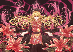Rule 34 | 1girl, absurdres, animal print, black dress, blonde hair, breasts, chinese clothes, dress, energy, floating hair, flower, fox tail, hands up, hat, highres, junko (touhou), lily (flower), long hair, looking at viewer, multiple tails, nomu haji, obi, open hands, outstretched arms, purple background, red eyes, ribbon, sash, smile, solo, tabard, tail, touhou, very long hair, wide sleeves