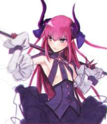Rule 34 | 10s, 1girl, armpits, blue eyes, detached sleeves, elizabeth bathory (fate), elizabeth bathory (fate/extra ccc), elizabeth bathory (first ascension) (fate), fate/extra, fate/extra ccc, fate (series), hair ribbon, highres, hinomoto madoka, horns, pink hair, pointy ears, polearm, ribbon, smile, solo, spear, weapon