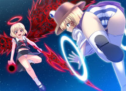 Rule 34 | 2girls, @ @, ass, blonde hair, cameltoe, ex-rumia, female focus, from behind, from below, halo, md5 mismatch, midriff, moriya&#039;s iron rings, moriya suwako, multiple girls, nakajou, navel, panties, pantyshot, rumia, skirt, sky, standing, star (sky), starry sky, striped clothes, striped panties, thighhighs, torn clothes, touhou, underwear, upskirt, white thighhighs