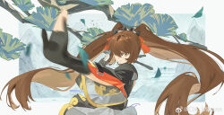 Rule 34 | 1girl, black bow, black gloves, bow, brown eyes, brown hair, chinese clothes, chinese commentary, cle mikann, commentary request, falling leaves, girls&#039; frontline, girls&#039; frontline 2: exilium, gloves, hair bow, hair ribbon, highres, inset border, leaf, long hair, looking at viewer, motion blur, mountain, parted lips, partially fingerless gloves, red ribbon, ribbon, solo, twintails, type 97 (girls&#039; frontline), upper body, weibo watermark
